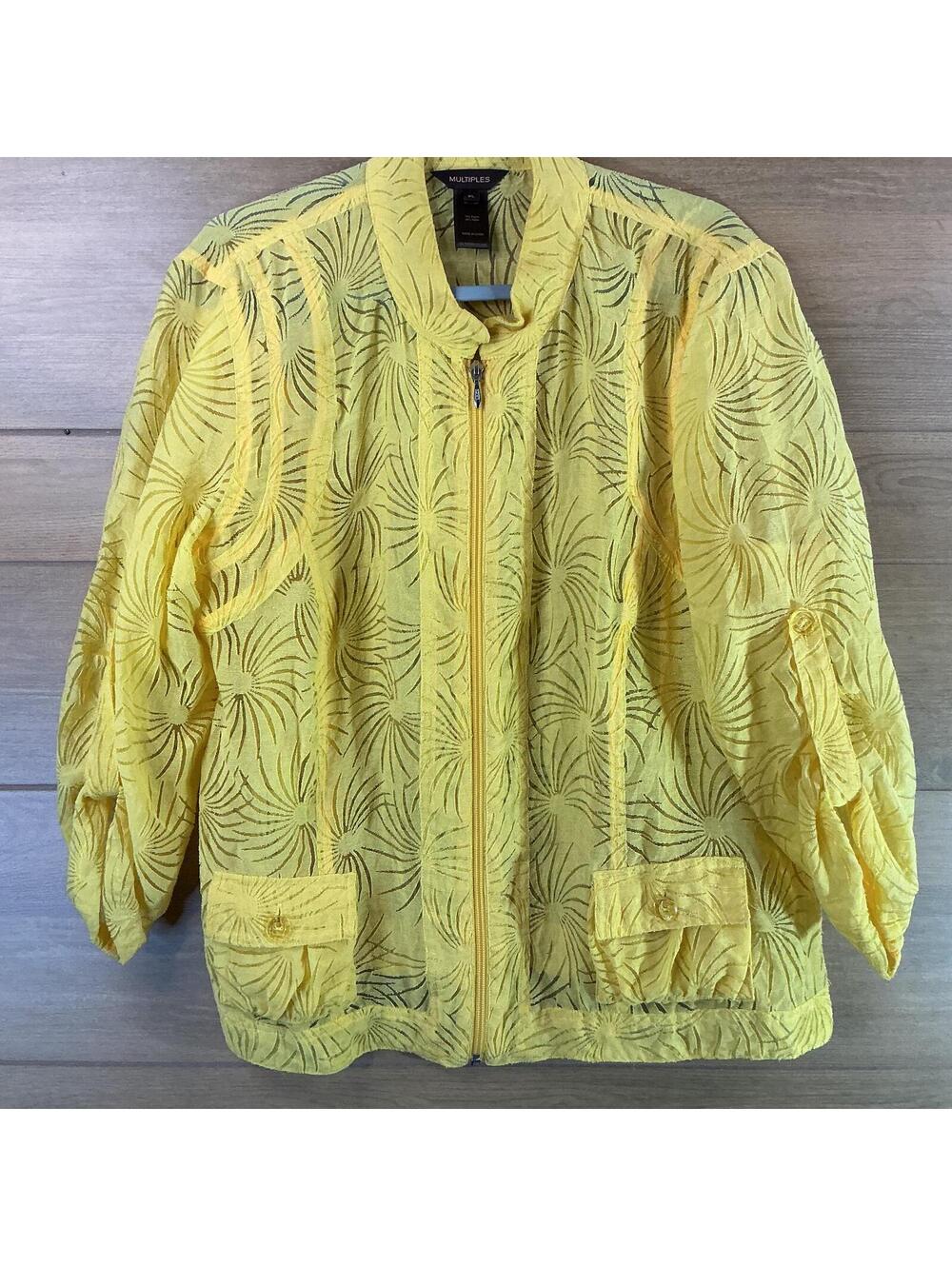 Multiples XL Yellow Textured Burnout Zip Jacket Lightweight 3/4 Sleeve Pockets
